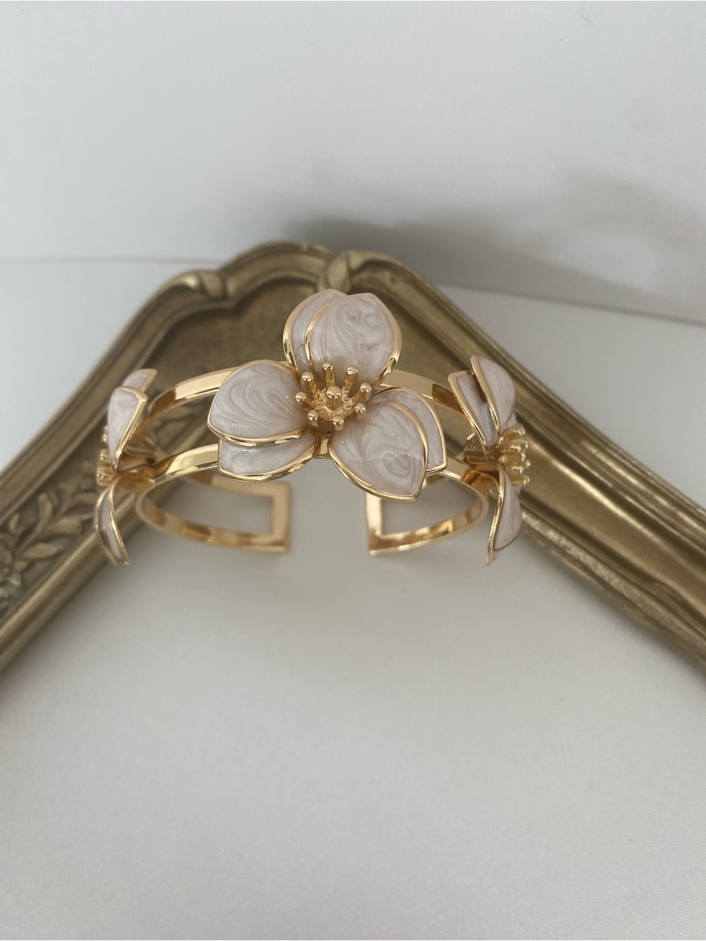 Gold Tone Floral Cuff Bracelet White Enamel Flower Hinged Statement Bangle New